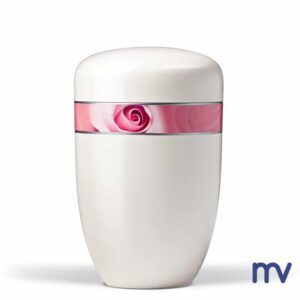 Stalen urnes - Morivita - Urne en acier, blanc crème, ruban fleur rose